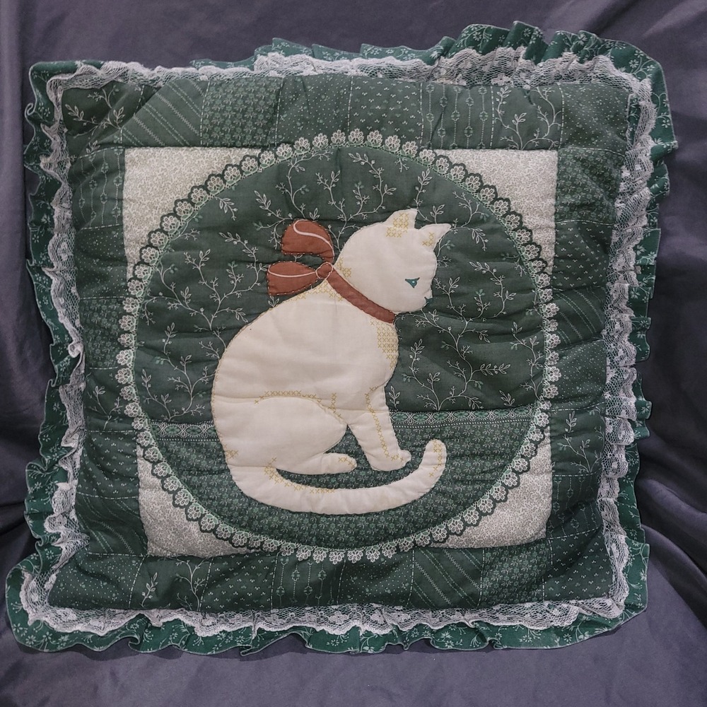 GREEN CAT PILLOW EMBROIDERY QUILTING LACE THROW PILLOW HANDMADE